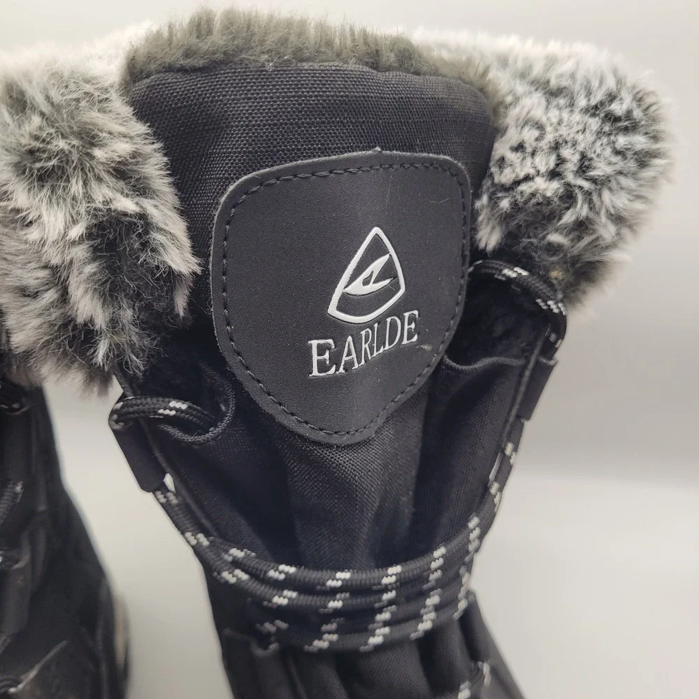 Earlde Mens Black Faux Fur Lined Winter Snow Boots Size 8 Lace Up Quilted Rugged